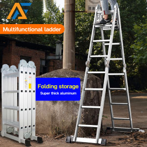 FANG TAI [3 years warranty] Aluminum alloy folding ladder telescopic 12 feet 16 feet multi-purpose 3x4 4x4 foldable ladder heavy duty 28ft portable aluminum double ladder suitable for various scenes