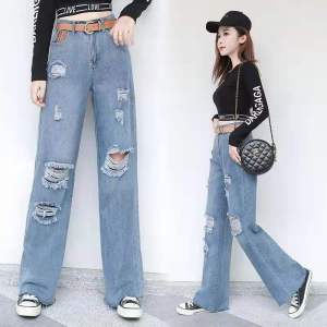 PKOGF Oversize Women Jeans Straight Casual Fashion Plus Size Ladies Denim Pants High Waist Ripped Loos Wide-leg Trousers (40-100kg)