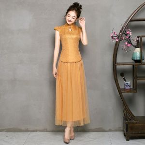 3XL Bridesmaids Dress Mustard Golden Color Maxi Dress Stand Collar Tulle Bridesmaid Gown Improved Cheongsam Red Sister Group Chinese Style Bridesmaid Dress㏇X0407