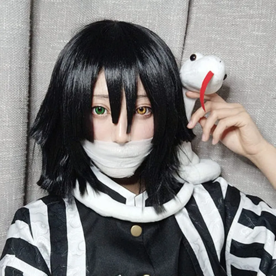 Adult Kids Anime Demon Slayer Cosplay Costume Iguro Obanai Black White  Striped Kimono Suits Black Layered Wig Head Cover Medium Long Hair Bobo  Styling Hair | Lazada