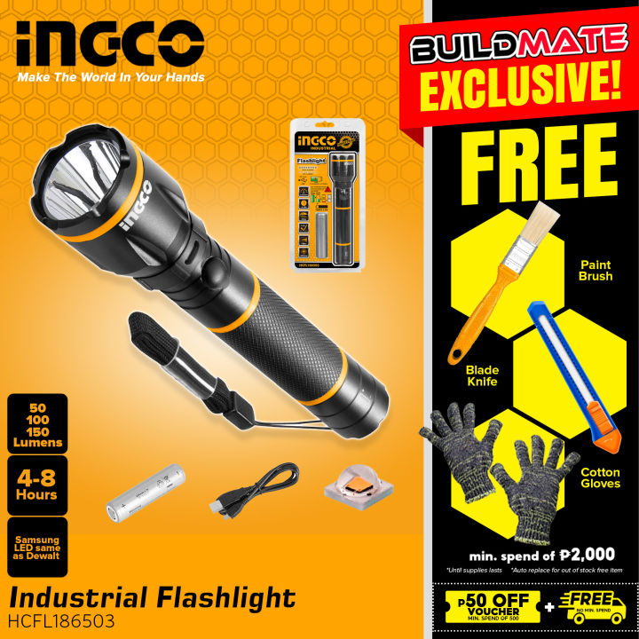 BUILDMATE Ingco Industrial Flashlight 418 Hours Drop Resistant 50/150