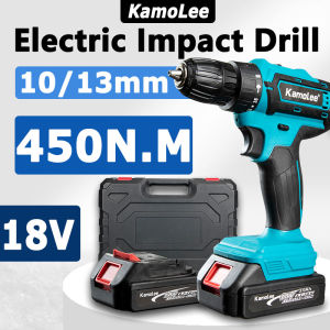 Kamolee Set Bor Tangan Dampak Tanpa Sikat 10mm / 13mm 450N.M Bor Tangan Promosi 2 Baterai Bor Tangan 18V untuk Pengeboran Pertukangan (Kompatibel dengan Baterai Makita / JLD)