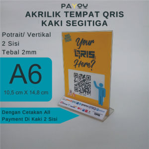 Akrilik Tempat QRIS/ Barcode A6 2mm kaki segitiga dengan cetakan logo all payment