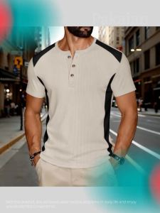 2026 Spring Summer Mens Waffle Henley Shirt Color Block Breathable Casual Short Sleeve Tops
