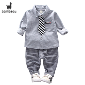 bambeau Boys clothing set lapel shirt tie up childrens long sleeve set 2-piece set 0-5 years old