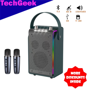 TG QIXI SK-2070 Power Bass Sound KARAOKE Wireless Bluetooth Leather Type RGB Speaker with Dual Wireless Microphone