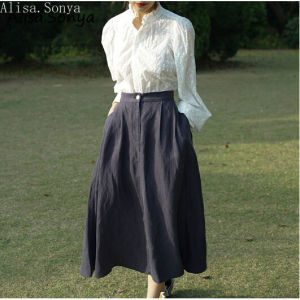 CLE Alisa.Sonya Womens High Waist Midi Skirt Vintage Elastic A-Line Pleated Button Skirts with Pockets