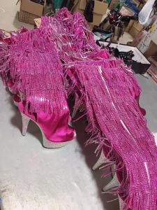 15CMWomens Summer Stiletto Heel Over-the-Knee Tassel Boots Transparent PVC Sole Rhinestone Fringe ZIP Closure Height Increasing