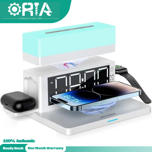 ORIA Trạm Sạc Không Dây 6 Trong 1 Bộ Sạc Điện Thoại Không Dây Với Đồng Hồ 12/24HAlarm Đèn Ngủ LED Di Động 13 Chế Độ Chiếu Sáng Cho IPhone8/X/11/12/13 Apple Watch IWatch AirPods hỗ Trợ Sạc Nhanh 15W