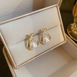 Silver Needle Cross Pearl Earrings 2026 New Tide High Sense Light Luxury Minority Design Sense Earrings Female