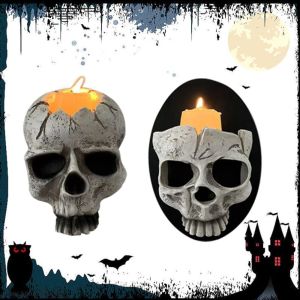 NCNC(OKDEALS01) Wall Mount Halloween Skull Head Candle Holder Gothic Scary Skull Head Wall Lamp Ghost House Props Resin Skull Head Candlestick Home