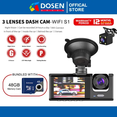 DOSEN Wifi 24 Hours Record 1080P FHD wifi 3 Camera Dashcam for Car Front + Interior + Back / Rear Dash Cam Night Vision Parking Mode Car DVR Driving video Recorder