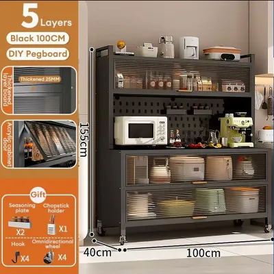 YOYO Kitchen Cabinet Floor Standing Storage Organizer Multi Tier Dustproof Dish Microwave Storage Cabinet with Pegboard Utensil Holder