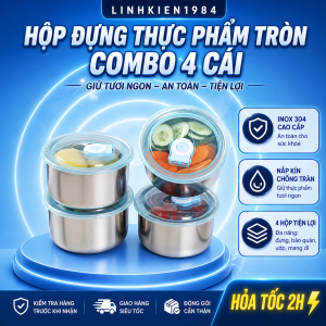 Combo 4 tô tròn đựng bảo quản thực phẩm Inox TRÒN có nắp đậy 10x6.5cm