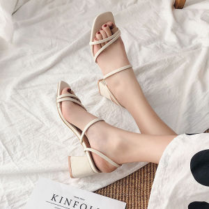 [Free Shipping] Black Thin-Strap Sandals For Women New Mid-Heel Sandals For Women Outdoor Wear Chunky-Heel One-Strap WomenS Shoes