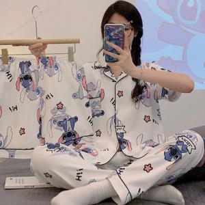 3Pcs Disney Cartoon Cute Lilo Stitch Spring Summer Girls T-Shirt Pants Home Clothes Set Student Kawaii Fashion Casual Pajamas