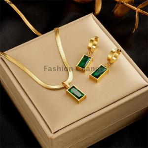 [COD] Fashion Change 1Set Stainless Steel Rectangle Green Zircon Pendant Necklace Earrings For Women Fashion Party Jewelry Set