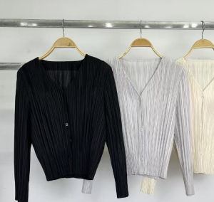 Miyake เสื้อคาร์ดิแกนสำหรับผู้หญิงเสื้อแจ็คเก็ตเสื้อคาร์ดิแกนคอวีกันแดดสำหรับเดินทาง