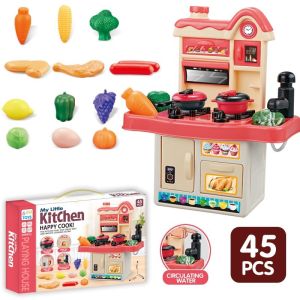 ชุดห้องครัวเด็ก จําลองการทําอาหาร ชุดครัวสำหรับเด็ก เตาแก๊สพร้อมเสียงและแสง ของเล่นจำลองการทำอาหารในครัว 25 ชิ้น ชุดครัวใหญ่