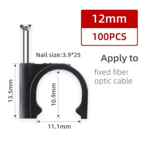 MIRELAE 100Pcs/Set Black Round Cable Wire Clips Plastic Metal 4-16mm Nail In Cable Clips Wall Mountable Coaxial Cable Clamp for Ethernet Cable