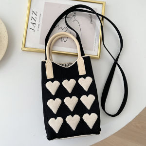 2-in-1 Cute Mini Knitted Mobile Phone Bag Women Shoulder Sling Tote Shopping Handbag The Love Small Square Bag