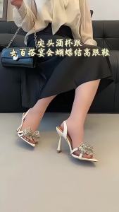Liyke Fashion Crystal Rhinestone Bowknot Pointed Open Toe Back Strap Sandals Women Pink High Heels Wedding Prom Shoes Size 35-41