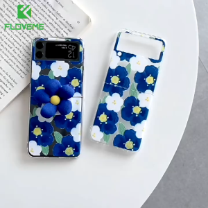 FLOVEME Cute Blue Flower Print Phone Case For Samsung Galaxy Z Flip 3 Cover Clear Hard PC Protective Cases With Holder Back Cover For Galaxy Z Flip 3