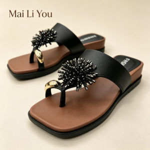 Free Shipping 2026 Summer Rhinestone Flip-Flops For Women Light Luxury Style Square-Toe Flat Sandals For Outdoor Wear