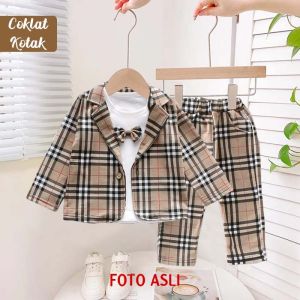Baju Atasan Set Baju Anak Laki laki Import 3in1 Jaket Denim Anak dan Celana Panjang Sweater-Like Biru Muda Salur  Hitam Purple Bear Monochrome Hitam Formal