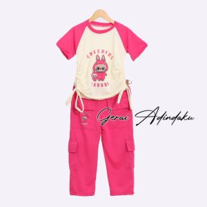 Baju Setelan Labubu tali serut Anak Perempuan celana Kargo Usia 3 - 12 tahun Setelan Anak Perempuan Serut Labubu