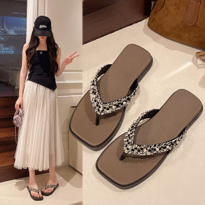 [Free Shipping] Womens Wedge Flip-Flops for Summer 2025 New Resort Style Silver Beach Shoes Square-Toed Sandals for Women