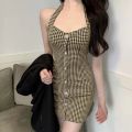 AJW [SBT] Mini Dress Hanging Neck Style Premium | Dress Bodycon Hanging Neck Style Variasi Kancing Onn Casual | Dress Pesta Vintage Hanging Neck Style Kekinian. 