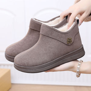 รองเท้าบูทสั้นผู้หญิง รองเท้ากำมะหยี่ รองเท้าผ้าหุ้มข้อต่ำหนาอุ่น รองเท้าบูทหิมะย้อนยุค รองเท้าผ้า