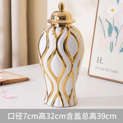 hotCeramic Golden Vase Geometric Pattern Porcelain Storage Tank Ginger Jar Ceramic Crafts Ornament Home Decoration Accessories