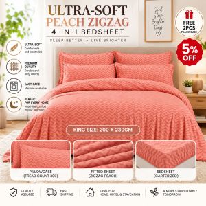 Ultra-soft Peach Zigzag 4-in-1 Bedsheet Cotton Polyester Blend King Size 200 x 230cm Breathable Durable Soft Free 2PCS Pillowcase