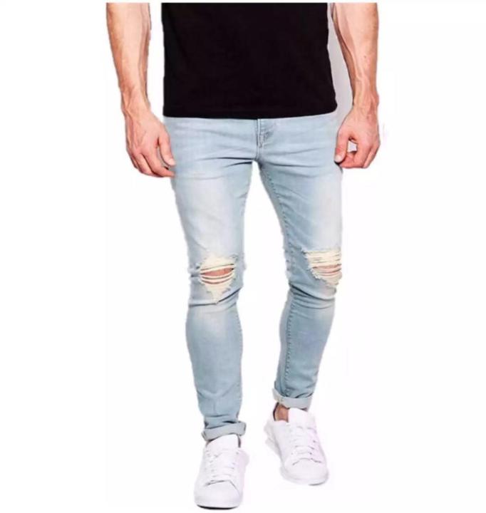 ALVIN# Light blue Ripped Knee Jeans For Men Skinny Stretchable