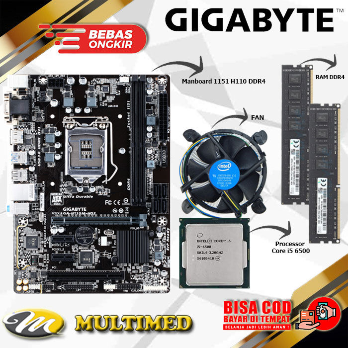Paket Motherboard Socket LGA 1151 H110 DDR4 + Core i5 6500 + FAN + RAM ...