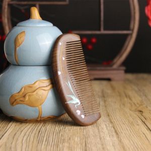 FWFHTP Gỗ đàn hương vàng Lược tóc gỗ đàn hương Cành vàng Hoa mận hồng Lược massage đầu Dày hơn Lược gỗ Dụng cụ tạo kiểu tóc
