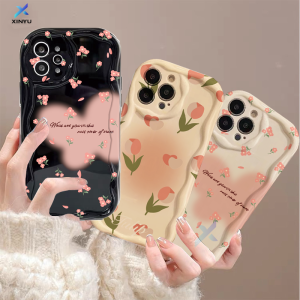 (Lokal Ready) Xinyu Casing hp iPhone 11 iPhone 7 Plus iPhone 12 14 13 15 Pro Max XR 8Plus X XS Max 6s 7 8 6 Plus SE 2020 Pasangan Hati Cinta Bunga Segar Tulip Tepi Melengkung Bergelombang 3D Soft Case