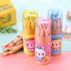 12 pcs Mini Cartoon Cylinder Colour Pencil 2 in 1 with Sharperner Kids Stationery Gift