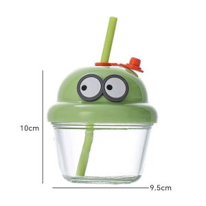 MO. 210ml Mini Glass Cup with Lid and Straw Cartoon Glass Milk Juice Cup