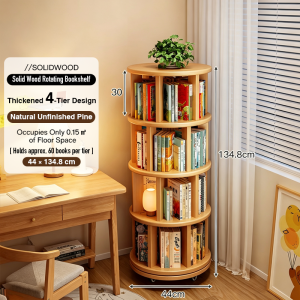 Solid Wood Rotating Bookshelf 360° Bookcase Storage Rack Floor-standing Movable Corner Cabinet