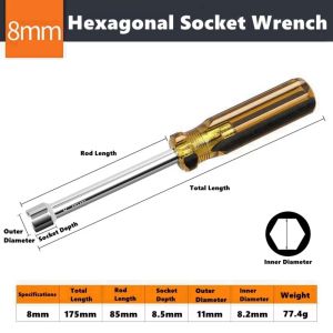 STYLETENK 5/5.5/6/7/8/9/10mm Nut Driver Steel Hex Socket Hand Socket Durable Socket Screwdriver Hand Repair