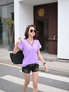 Korean Women Cotton V-neck T-Shirts Patchwork Casual Short Sleeve㏇0701