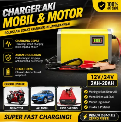 Casan Aki Motor Mobil Otomatis 2A-20A 12Volt/24Volt Portable Automatic Charger Batterai Accu Auto Cut Off Cas Aki Kering Dan Basah Digital Pengecas Aki DC Carger Aki Multifungsi