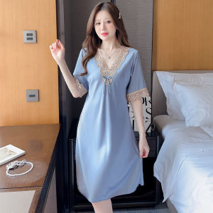 Sentexin Womens Pajamas Dress Lace Trim Nightdress Slim Fit V-Neck Female Nightdress Ladies Ice Silk Home Sleep Dress