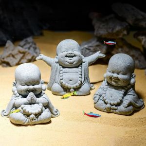 XUNJIE Cartoon Fat Smiling Buddha Ornament Chinese Style Green Sandstone Little Monk Ornament Buddha Figurine Hand Carved Buddha Sculpture Desktop