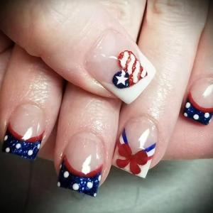 4th of July Glues on Nail Short Square Fake Nail Independence Day French Tip Press on Nail Artificial Acrylic Nail