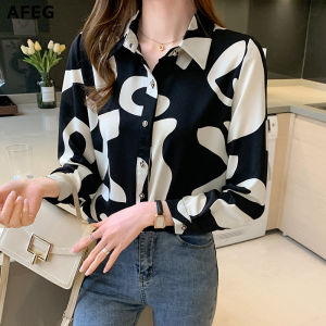 AFEG new womens long-sleeved printed chiffon elegant blouse for women