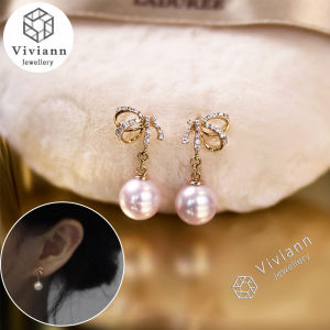 Viviann Original Luxury 18K Gold Plated Gold Bow Aurora Pearl Drop Earrings Elegant pearl Tassel Long Crystal Earrings For Women Fashion Water Drop Jewelry Korean Girls Sweet Accessories